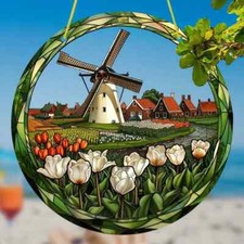 Dutch Windmill & Tulip Fields Suncatcher Stained Glass Effect Hanging Decor Gift