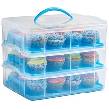 36 Cupcake Muffin Carrier, VonShef Blue 3 Tier Stackable Cake Caddy w/ Handle