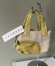 Radley Handbag Ladies Mini Green Leather Trim Canvas, Tote Grab Bag, Dog Charm