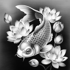 Digital Koi Fish Image with Lotus Flowers Hand Drawn Graphite Depiction