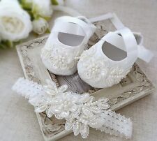 Girl Baptism Shoes in Off White, Christening Pearl Shoes and Pearl Headband