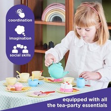 33 Piece Colourful Toy Tea Set With Cake Cups Plates Saucers Cutlery Age 3 Plus