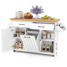 COSTWAY Mobile Kitchen Cart Kitchen Island w/Trash Bag Storage-White