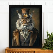 Vintage Maine Coon Cat Portrait Steampunk Animal Wall Art Cat Print Cat Gift 