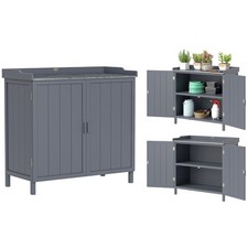 Outsunny Garden Storage Cabinet Potting Bench Table with Galvanized Top, Grey