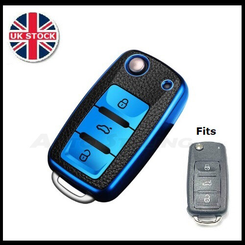 Blue leather key cover - leather,
