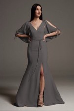Gray Split Sleeve Crepe Bridesmaid Dress with Slit by Vera Wang—Size 16