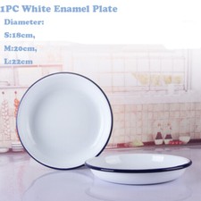 1PC 22cm Retro White Enamel Plate Pastries Camping Picnic Dining Dish Tray