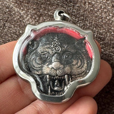 A286 Silvery pendant Thai Buddha LP-Pern and Tiger amulet Talisman Empower.