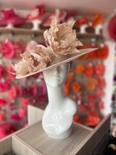 CHAMPAGNE BOATER STYLE HAT WITH GOBLET FEATHER FLOWERS