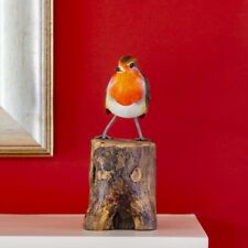 Robin Hand Carved On Tree Stump Fair Trade. Hand Painted Bird Ornament. Gift