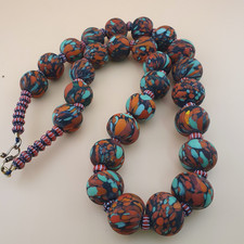 Vintage Venetian Style Millefiori Glass & Chevron Glass Beads Necklace 24 inches