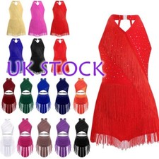 Kids Girls Latin Jazz Dance Dress Halter Tassel Leotards Ballroom Tango  Costume