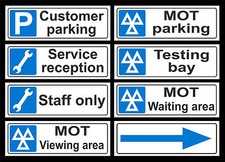 MOT GARAGE signs or stickers 300mmx100mm - service reception viewing parking car