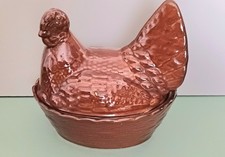 LARGE VINTAGE BROWN CERAMIC CHICKEN HEN EGG STORAGE  BASKET  FARMHOUSE STYLE