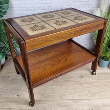 Vintage Wooden Tile Top Tea Trolley 2 Tier Drinks Cart Bar Side Table Retro