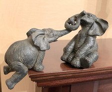 Elephant Ornament Set - Sitting & Hanging Trunk Embrace - Grey Polyresin