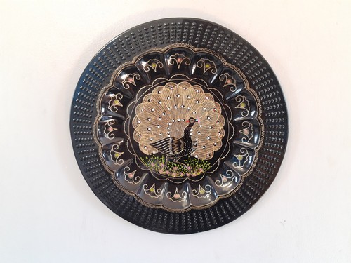 Vintage metal peacock plate - metal,