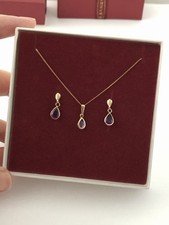 Vintage H Samuel 9ct 9k Yellow Gold Purple Amethyst Necklace Earrings Set 16”