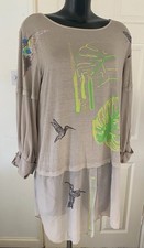 Elisa Cavaletti XL Embellished Tunic Top - Neutral Beige, Hummingbird Print, NWT