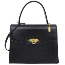 Launer London 1980s Vintage Royal Box Calf Leather 2way Shoulder Handbag Black