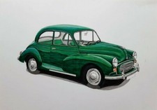 Vintage Car Morris Minor Hand Drawn Artwork Drawing Green Old Car 1950s size A3