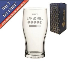  Engraved Pint Glass with Name's Gamer Fuel Hearts Design, Gift Boxed