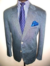 M&S PURE LINEN STRIPED BOATING BLAZER JACKET 44 BLUE SILVER Suit SPORTS COAT