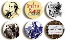6 x SHERLOCK HOLMES BADGES BUTTONS PINS VINTAGE-STYLE (1inch/25mm diameter) 
