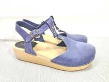 Swedish Hasbeens T-strap Sandals Size 39 Clog Slingback  Blue Leather Boho 