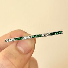 Antique Vtg Art Deco Silver Bar Brooch Clear + Emerald Green Paste Table Cut