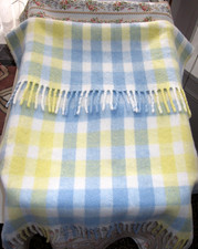 Vintage Fringed Pram Rug Baby Blanket Crib Cover Pastel Check Blue Yellow SWANDO