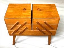 Vintage Wooden Cantilever Concertina Sewing Box On Legs & Extras