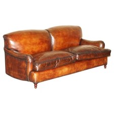 MEDIUM SIZE GEORGE SMITH HOWARD & SON'S BROWN LEATHER SIGNATURE SCROLL ARM SOFA