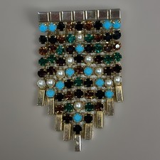 Rhinestone Fringe Brooch Vintage Faux Pearl Mixed Multi Coloured Stones Tassel