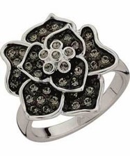 Collen Black Crystal Flower Statement Ring Silver Tone