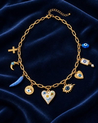 Gold charm necklace with evil - gold,