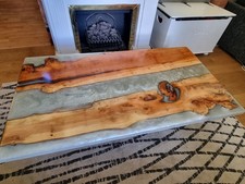 Unique English Yew with pearlescent white resin dining/coffee table top. 149cm.