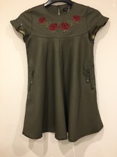 TWIN- SET SIMONA BARBIERI GIRLS DRESS FAUX LEATHER LOOK GREEN , Rose Embroidery