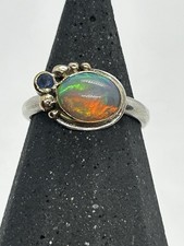 Beautiful Opal And Tanzanite Ring In 9ct Yellow Gold+ Sterling Silver. Size P