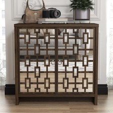 Walnut Mirrored Sideboard Cabinet 2 Door Storage Laser Cut Design