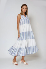 Women's Cotton Blend Sleeveless Striped Flare Wide Hem Tiered Long Smock Dress