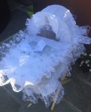 Beautiful White Dolls Moses Basket and Stand - Frilly Bling Bows