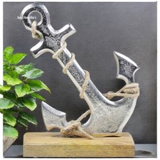 Ships Anchor On Wooden Base Silver Metal Nautical Ornament Home Decor Gift 18 cm