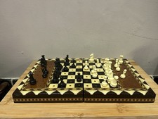 Mini Spanish Travel peg chess set lacquered inlay mosaic box