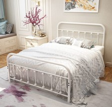 White Metal Bed Frame Full Size with Headboard and Footboard Single Platform ...