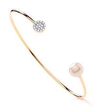 9ct Yellow Gold on Silver Pearl & CZ Ladies SOLID Torque Bangle Bracelet