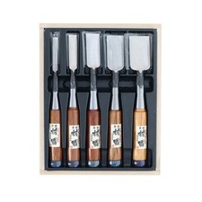 JAPANESE Nomi Red Oak Handle Beveled Edge Chisels set of 5 cased in a wooden box