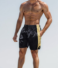 Black Gold Satin Boxing Shorts with Retro Style