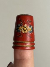 Vintage Hand Painted Wood Thimble Red Good Floral Made In Holland